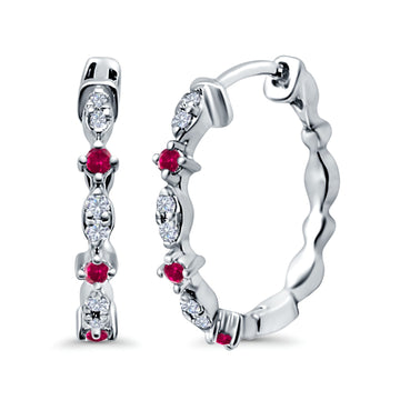 Half Eternity Huggie Hoop Earrings Round Simulated Ruby CZ 925 Sterling Silver (14mm)